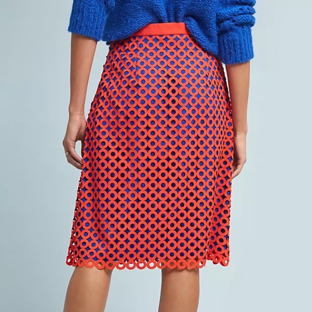 Anthropologie Red and Blue Laser-Cut Midi Skirt - Picture 3 of 5